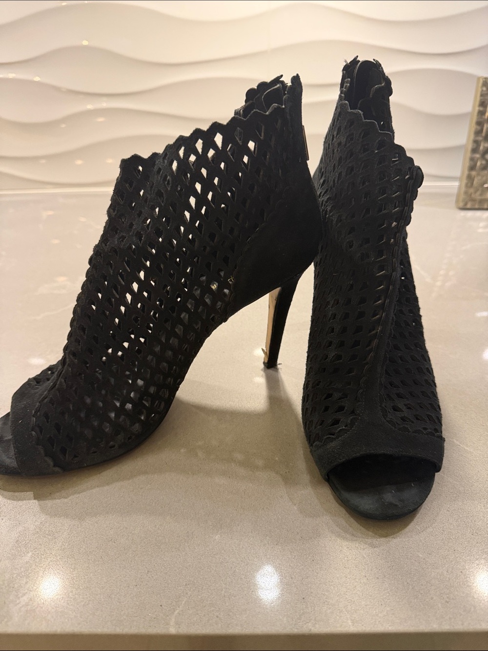 Ivanka Trump Black Perforated Peep-Toe Heeled Booties